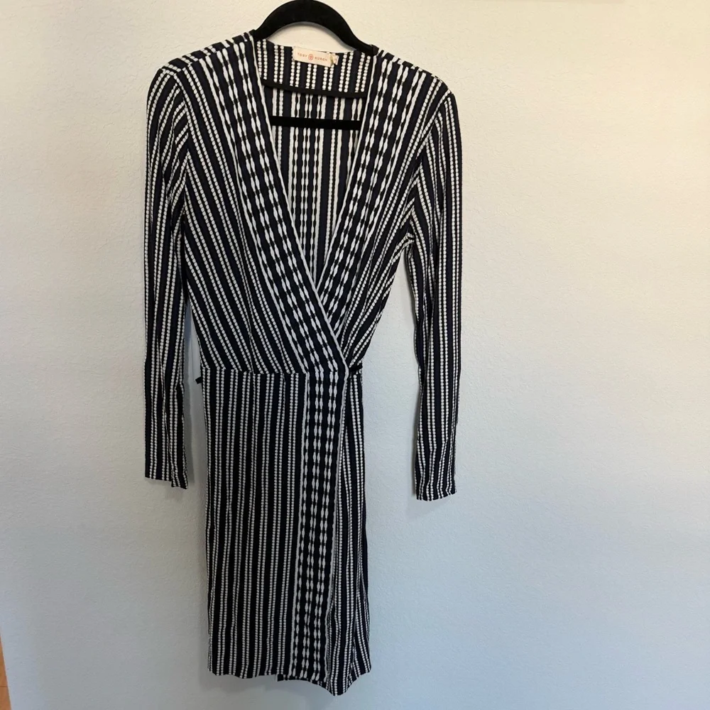 Tory Burch Navy Blue Oxford Stripe Long-Sleeve Jacquard Wrap Dress Size Small